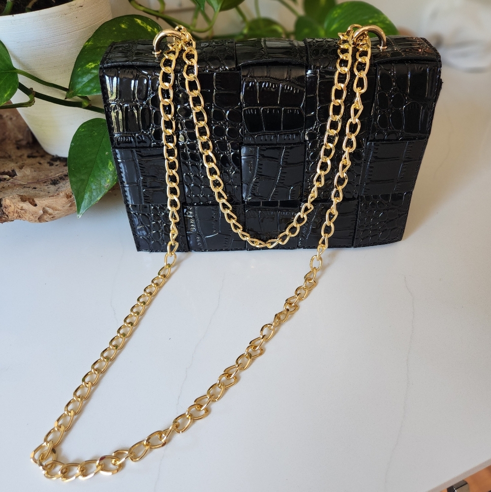 Urban Outfitters Black Croc-Embossed Bag with Gold Chain-NWOT